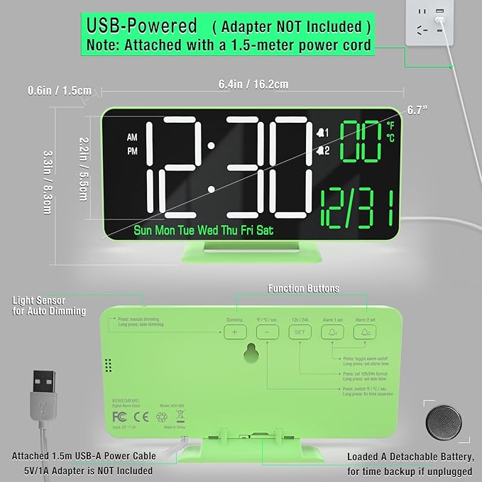 KOSUMOSU Small Digital Clock, 6.7in Alarm Clocks for Bedrooms, Auto Dimming, Room Temperature, Day of The Week, Seconds, Date, Desk Clock for Bedroom, Digital Clocks for Living Room