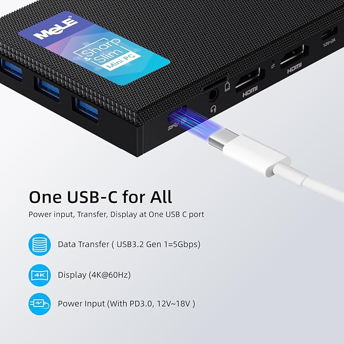 MeLE Quieter3C Fanless Mini PC, Celeron N5105, 8GB RAM, 128GB Storage, Full-Function USB-C, WiFi 5, Support Triple Screen Display, Slim Desktop on Industrial, Home, Office