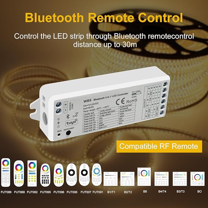 icever 5in1 WB5 LED Controller Bluetooth Control 2.4GHz Dimmable CCT RGB RGBW RGBCCT COB LED Strips - Compatible with Tuya App Echo Alexa Google Home Voice Control