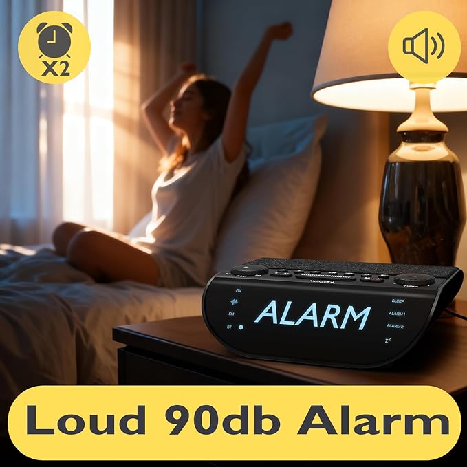 MangoKit FM Radio with Bluetooth 5.3, Dual Alarm Clock for Bedrooms, 90dB Loud Alarm for Heavy Sleepers, Snooze, 9 Natural Sounds, Stereo Speakers, Large Dimmable Display |20 FM Presets | Clear Screen