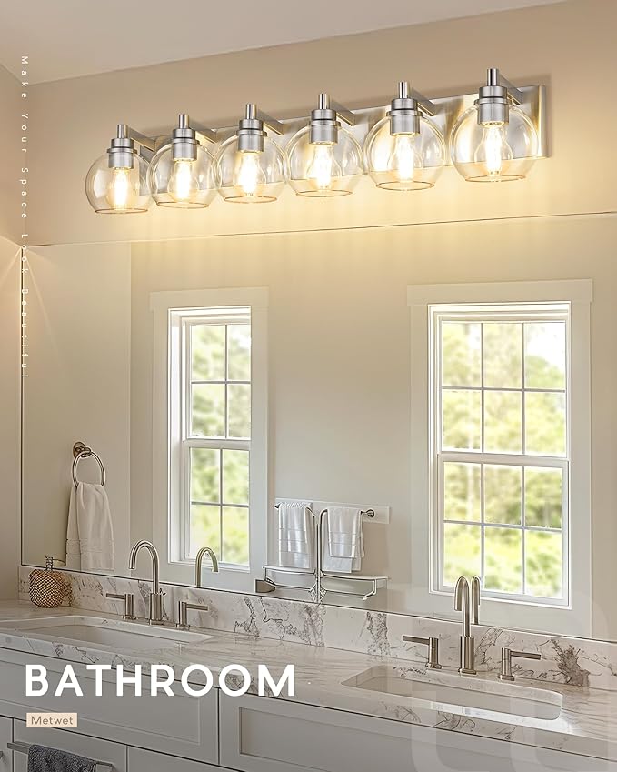 METWET Bathroom Light Fixtures, 6 Light Brushed Nickel Vanity Light, 38 Inch Modern Wall Sconces with Globe Clear Glass Shade, Vanity Lighting Fixtures Over Mirror, VL195-BN-6