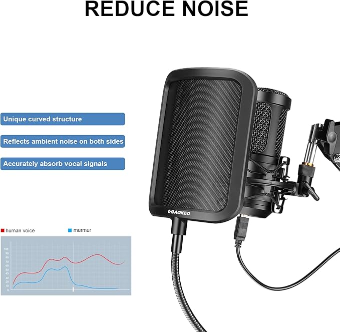 Aokeo Metal Pop Filter,Metal Mesh Layer Microphone Windscreen for Hyperx QuadCast, Blue Yeti and Other Mics,Pop Shield with Flexible 360° Gooseneck Clip Stabilization Arm