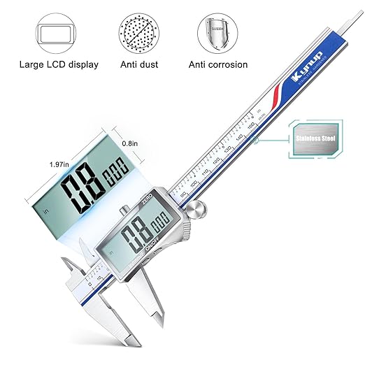 Kynup Digital Caliper Measuring Tool, Vernier Dial Caliper Digital Outside Micrometer, 6 Inch Caliper DIY Tool, Stainless Steel, Large Screen, Splash Proof, Inch Metric Fraction Switch