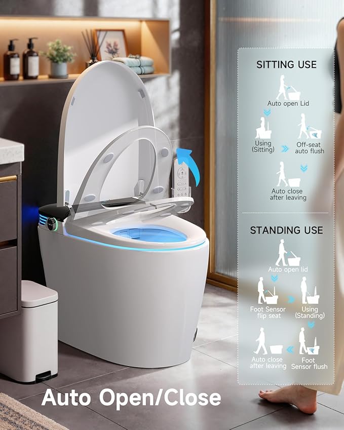 WANSID Luxury Smart Toilet with Bidet Built-In,1.28 GPF Elongated One Piece Toilet for Bathroom, Auto Open/Close, Foot Sensor Operation, Heated Bidet Seat, Warm Water & Dryer, Digital Display