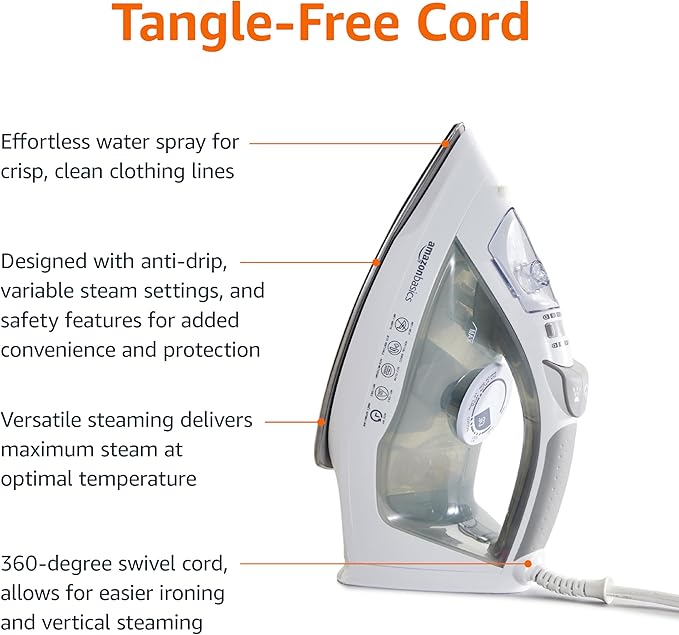 Amazon Basics Steam Iron for Clothes with Safety Auto Shut-Off, Handheld Steamer, Steel Soleplate, 1700-Watt, 1.62ft, Gray