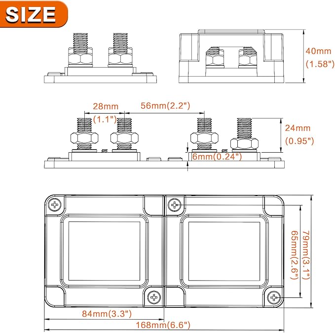 AMOMD 400A Bus Bar 8 M10 (3/8 inch) Terminal Studs Modular Design Tin Plated Copper Distribution Block Positive Pole Electrical Buss Bars 12-48 V DC with Cover for Trailer Marine Boat Car RV
