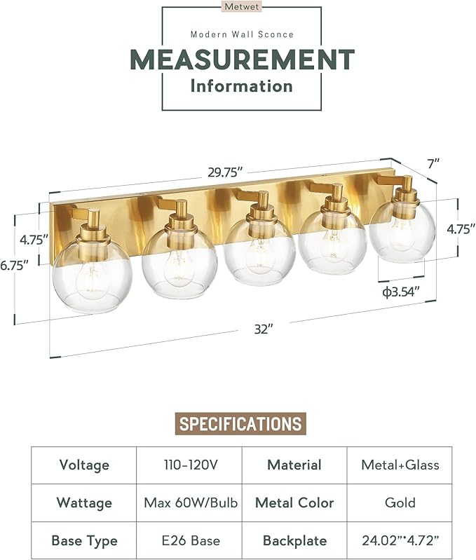 METWET Bathroom Light Fixtures, 5 Light Brushed Gold Vanity Light, 32 Inch Modern Wall Sconces with Globe Clear Glass Shade, Vanity Lighting Fixtures Over Mirror, VL195-BG-CL-5