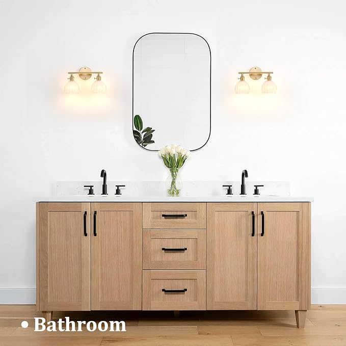 Shenmoyl Bathroom Light Fixtures, 2-Light Brass Vanity Wall Light Over Mirror with White Tulip Glass Shade for Bedroom Living Room (Bulb Not Included)