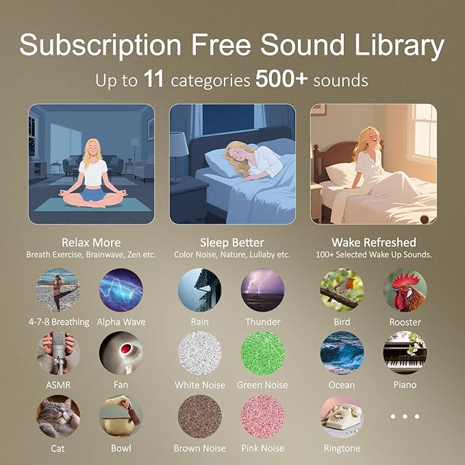 Hotmoon Alarm Clock with Sound Machine for Sleep, Luna Pro Dual-Stage Alarm, 507 Non Looping Sounds, Smart Night Light & Timer, Pink Green Brown White Noise Machine for Sleeping Adult Office Plug in
