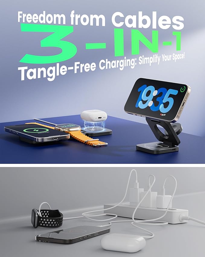 KU XIU X55Q Foldable 3 in 1 Magnetic Wireless Charger, 15W Qi2 Fast Charge for iPhone 17/16/15/14/13/12 and iPhone Air, 5W for Apple Watch 11–4/SE/Ultra, for AirPods 4/3/2/Pro 3/2/1 with 45W Adapter