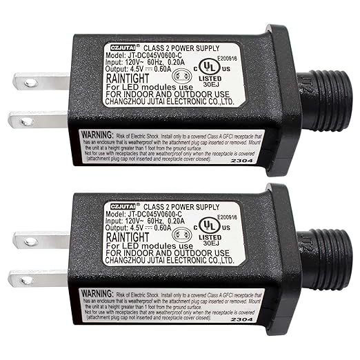 4.5V 0.6A 2PCS Replacement LED Transformer Class 2 Power Supply Adapter Ip44 LED Light Controller Low Voltage Transformer for Christmas String Light Inflatable Decorations (4.5V2.7W 2PCS)