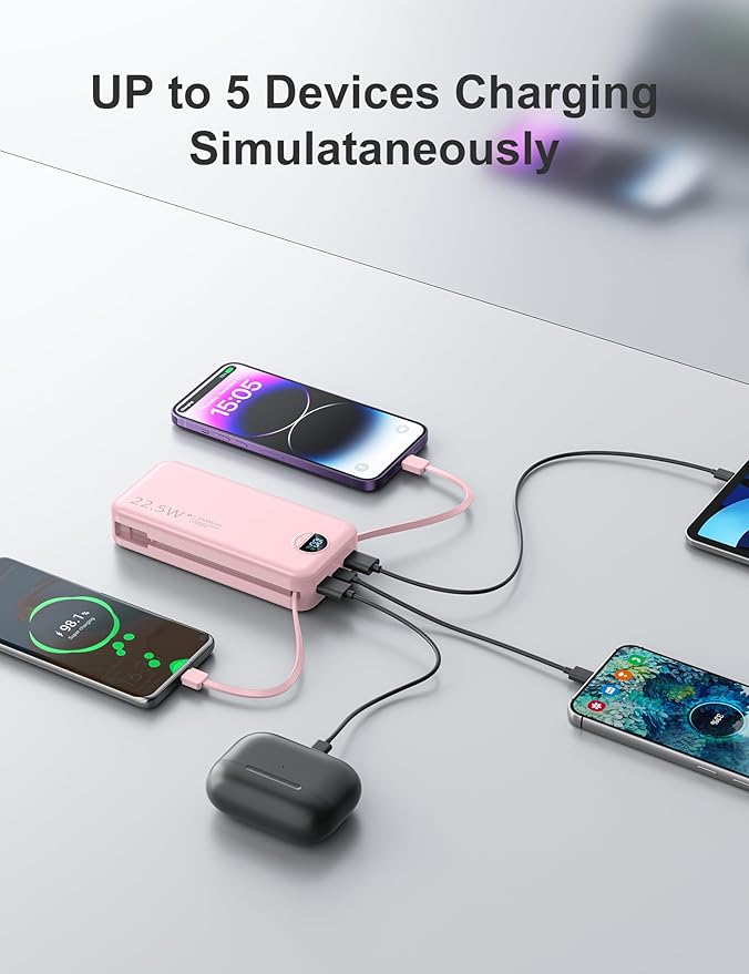 aonidi 20000mAh Ultra-Portable-Charger-Power-Bank PD20W with Built in Cables&AC Wall Plug,Fast Charging Cell Phone Charger Battery Pack,LED Display Travel Battery Bank for All iPhone,Samsung,Android