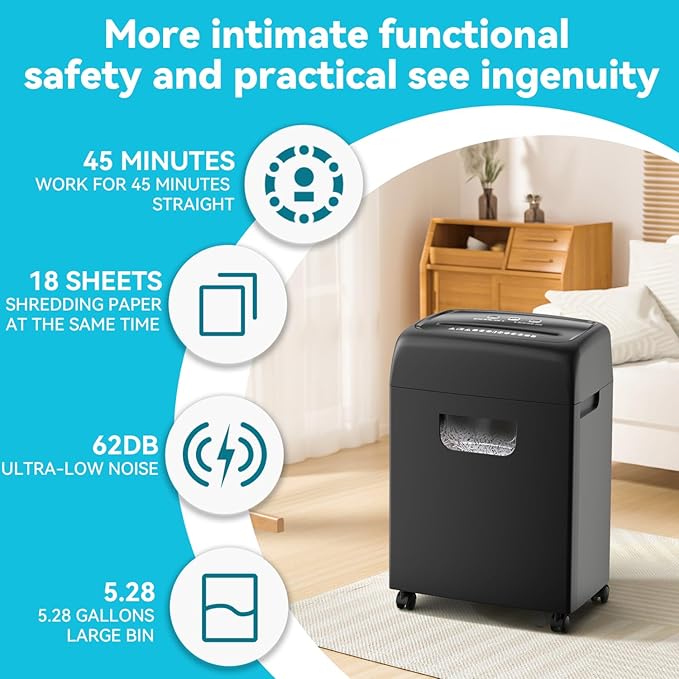 Paper Shredder,18-Sheet High Security Level P-4 Heavy Duty Paper/Card Shredder for Home Office Black Ultra-Quiet Use Essential