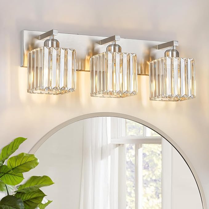 FDPBY Modern Vanity Light 3-Lights Brushed Nickel Vanity Light Crystal Bathroom Wall Light Bathroom Light Fixtures