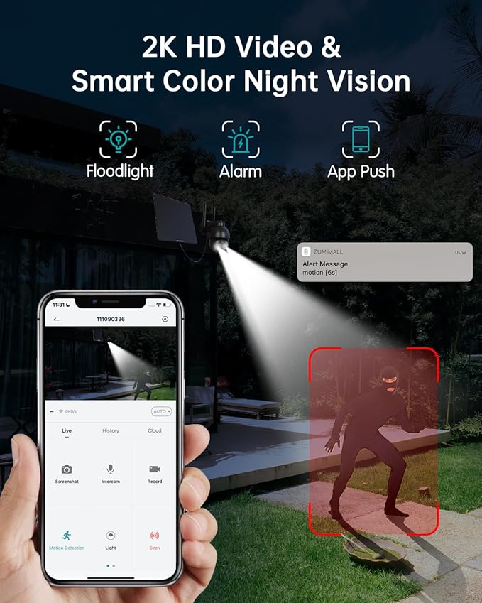 ZUMIMALL 4G LTE Cellular Solar Security Cameras Wireless Outdoor, 3MP No WiFi Cameras for Home Security, 360° Live View, 2K Color Night Vision, PIR Motion Sensor, 2 Way Talk, Built in SIM Card