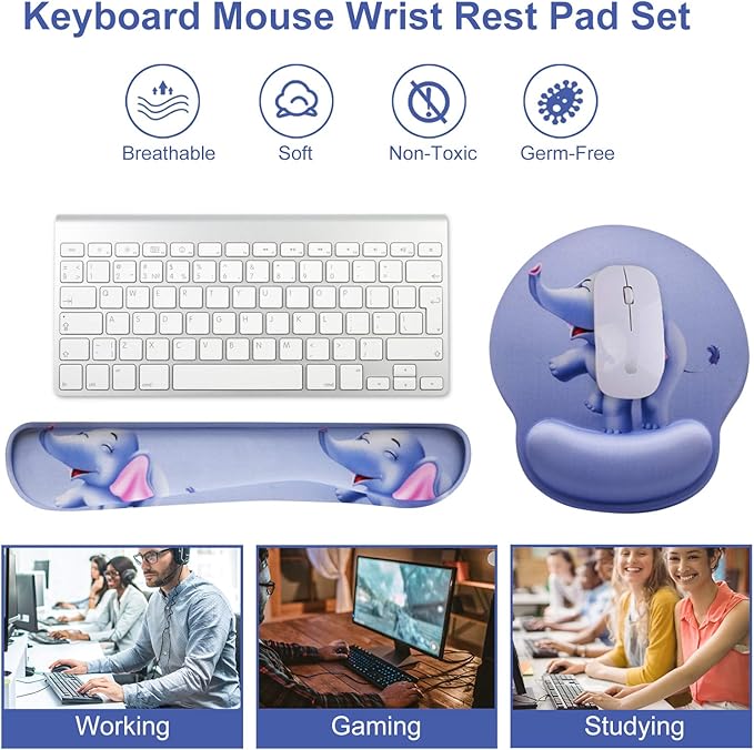 Mouse Pad Keyboard Wrist Rest, Gel Non Slip Rubber Wrist Support Rest Mouse Pad for Home Office, Computer Laptop Desk Typist Gamer, Cute Comfy Cushion Mousepad Memory Foam Ergonomic, Happy Elephant