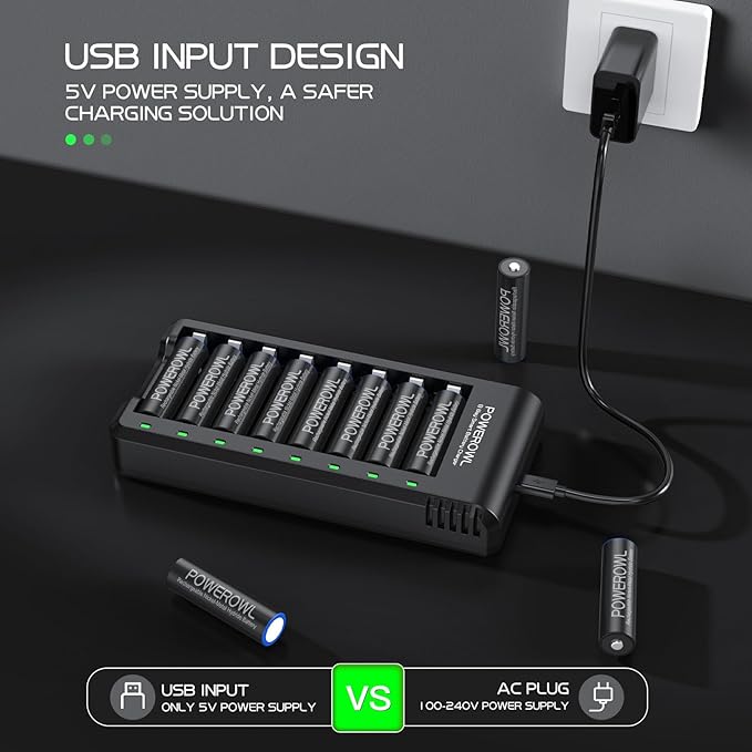 POWEROWL 8 Bay AA AAA Battery Charger 2 Pack, USB High-Speed Charging, Independent Slot, for Ni-MH Ni-CD Rechargeable Batteries