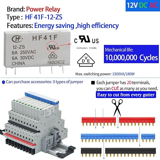 ZJWZJH Miniature Power Relay 12V DC/AC HF41F/12-ZS 5 Pin 1NO 1NC 6A SPDT, Socket Base with LED Indicator 41F-1Z-C2, with DIN Rail, 3Pcs Electromechanical Relays