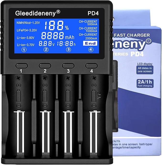 Gleedideneny 18650 Battery Charger,Universal Charger LCD Display for Rechargeable 3.7V 3.8V 3.2V 26650 20700 18650 18350 17670 17500 16340(RCR123) 14500 1.2V AA AAA SC C Size Batteries