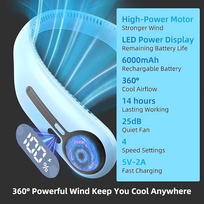 Kinhowly Portable Neck Fan,Hands Free Personal Wearable Bladeless Fan,6000mAh USB Rechargeable,360° Cooling,LED Display,4-Speeds,Birthday Gifts for Men Women Dad Mom,Valentines Day Gifts (Light blue)