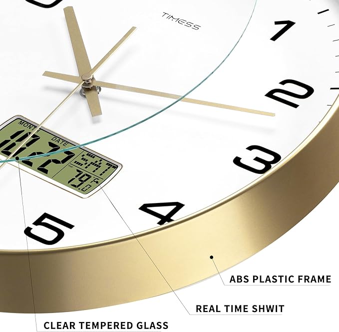 TIMESS Wall Clock, 14" Large Dial Non-Ticking Silent Battery Operated Analog with LCD Display for Perpetual Calendar and F° Temperature, Ideal Modern Home, Bedroom, Office Decor (Gold)