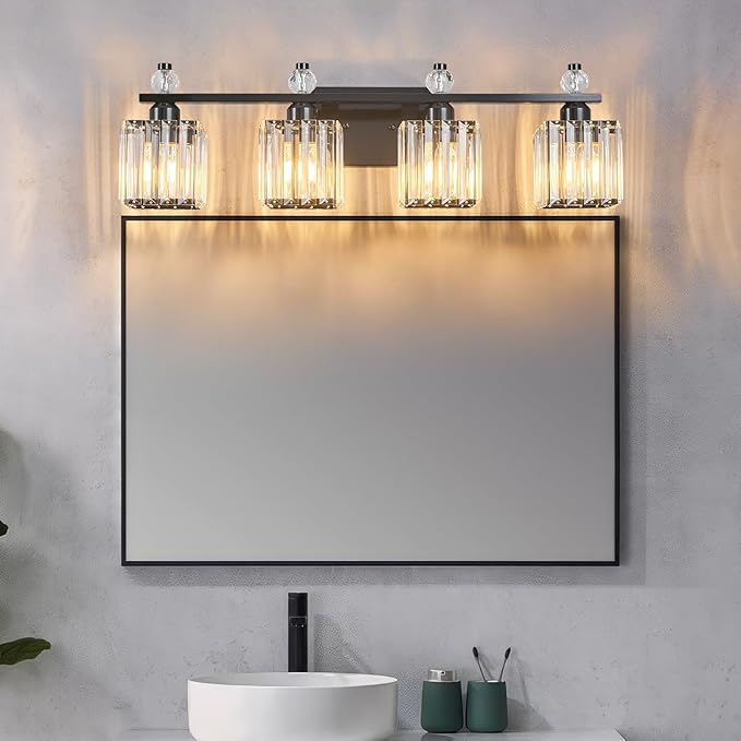 FDPBY Vanity Lights 4-Light Modern Crystal Vanity Light Plating Black Bathroom Light Fixtures Over Mirror Crystal Bathroom Vanity Lighting Fixtures