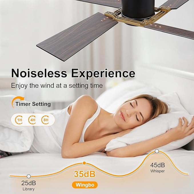 WINGBO 48 Inch Flush Mount Ceiling Fan without Light - 4 Plywood Blades, 6-Speed Reversible DC Motor, Noiseless Low Profile Ceiling Fan No Light for Bedroom Living Room, Gold and Black/Walnut