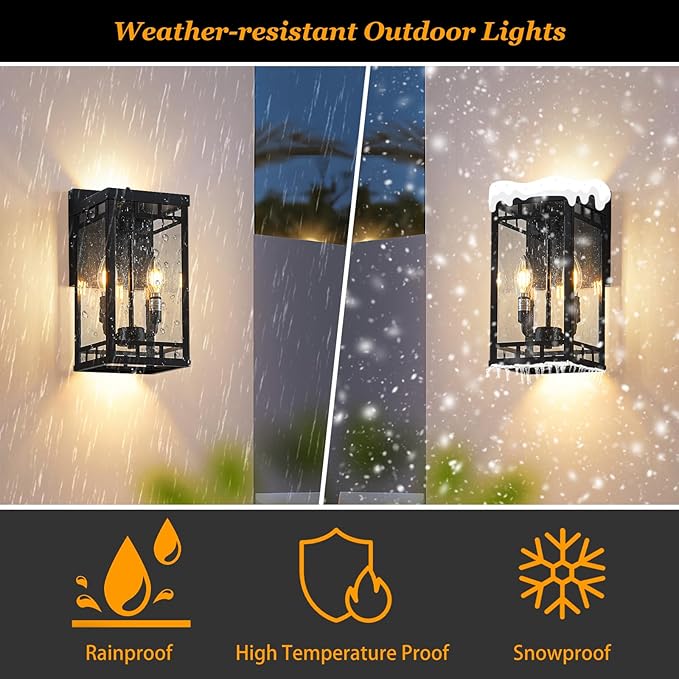 13.5” Dusk to Dawn Sensor Outdoor Wall Lights - 2-Light Large Exterior Lighting Fixtures, Waterproof Porch Lights for Garage, Front Door, Patio & House, Porch Light with E12 Base,Matte Black,1 Pack