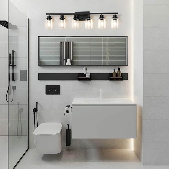 DIKAIDA 6-Light Black Vanity Lights 38'' Modern Bathroom Vanity Lighting Fixtures Above Mirror， Industrial Matte Bathroom Light Fixtures, Bath Wall Light Fixtures, Black Wall Sconces