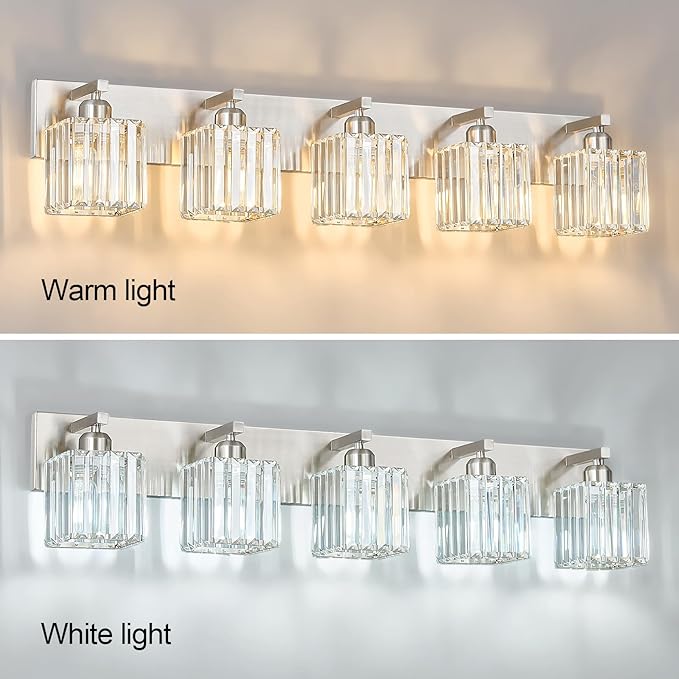FDPBY Modern Vanity Light 5-Lights Brushed Nickel Vanity Light Crystal Bathroom Wall Light Bathroom Light Fixtures