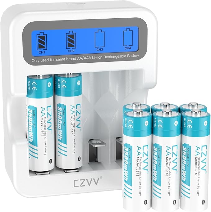 czvv Lithium Rechargeable AA 1.5V Camera Batteries with 2.5'' LCD Fast White Charger Combo, 8 Pack Large Capacity 3500mWh Dual A Long-Lasting 3.0A Output for Home & Industrial Devices, Cycles 1300x
