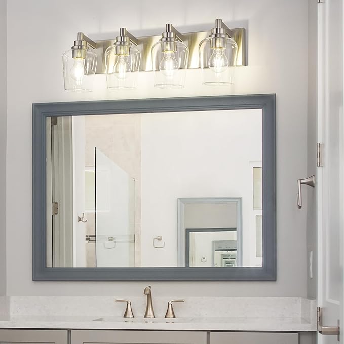 METWET Bathroom Light Fixtures, 4-Light Modern Vanity Light with Clear Glass Wine Glass-Shaped Shade, Vanity Lighting Fixtures Over Mirror, Brushed Nickel, VL155-BN-4