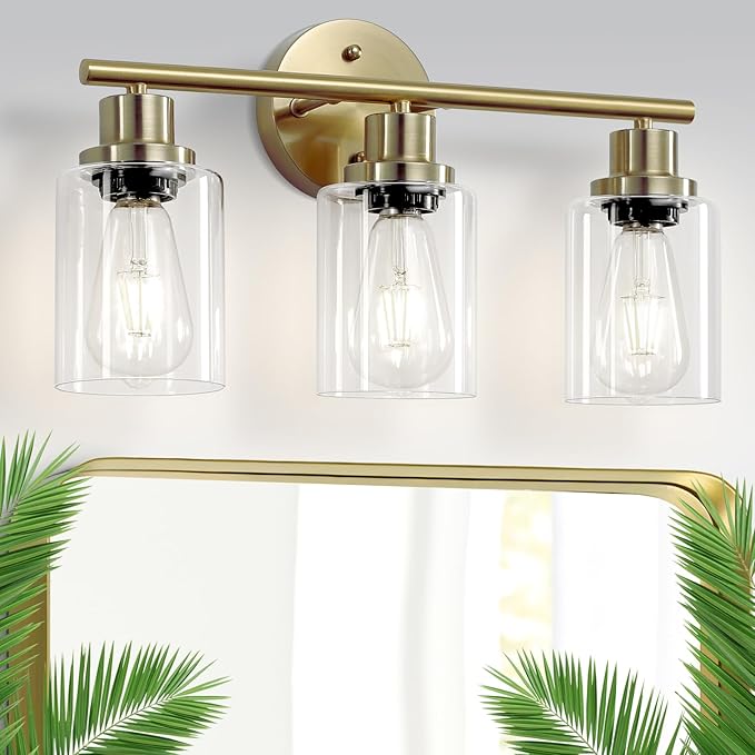 Guliaofo 3-Light Brushed Gold Vanity Lights, E26 Modern Bathroom Light Fixtures with Clear Glass Shade, Wall Lamps for Mirror Kitchen Hallway Cabinet Living Room Sconces Lights