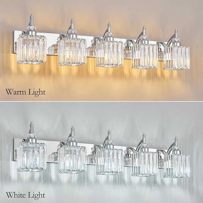 BBLLWJ Crystal Vanity Lights Chrome 5 Light Bathroom Light Fixtures Over Mirror Modern Vanity Light for Bathroom