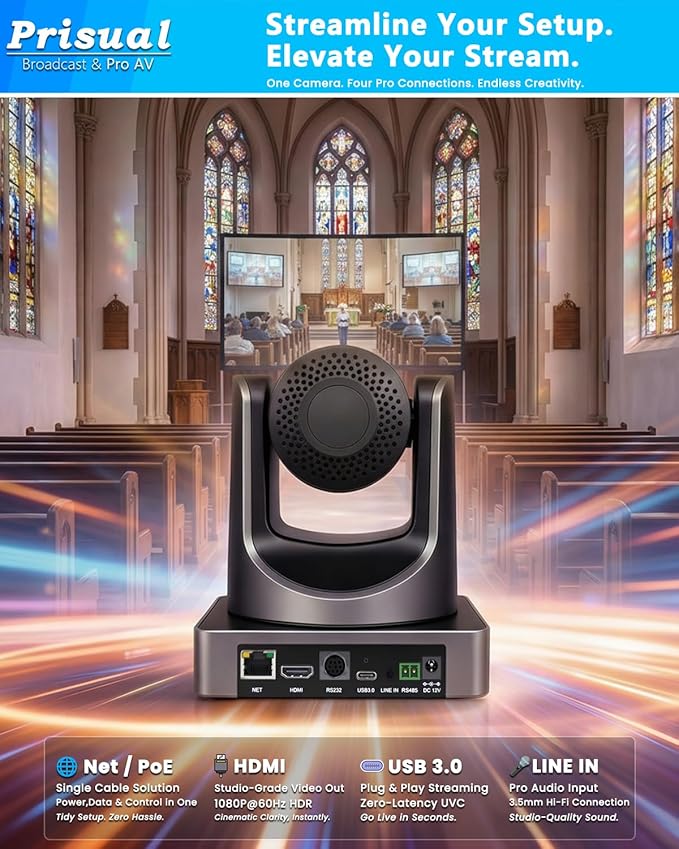 Prisual HDMI PTZ Camera AI Auto-Tracking, 20x Optical Zoom IP USB3.0 PoE HDMI PTZ Camera for Church Services Worship Education Video Conference, PT20X-UL