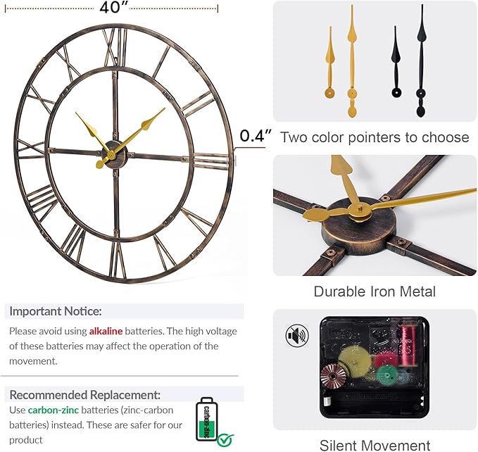 Ohweog Large Wall Clock for Living Room Decor – 40 Inch Silent Non-Ticking Modern Farmhouse Wall Clock, Oversized Decorative Metal Roman Numeral Clock, Bronze