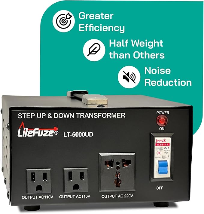 LiteFuze 5000 Watt Voltage Converter Transformer Step Up/Down - 110v to 220v / 220v to 110v Power Converter - Fully USA Grounded Cord - Universal Outlet Socket, 2x US Outlets - CE Certified