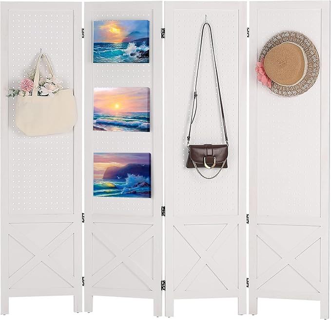 Wnutrees 4 Panel Pegboard Display, 5 Ft Wood Folding Privacy Screens Room Divider, Portable Freestanding Display Board for Craft/Art Shows, Retail, Events, Wall Organizer, Rustic Barnwood, White