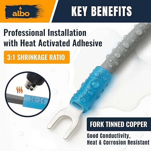 200PCS Blue Heat Shrink Fork Spade Connectors #10 – 16-14 AWG Tinned Copper Terminals, Waterproof Wire Crimp Kit for Automotive, Marine, Speaker & Electrical Wiring