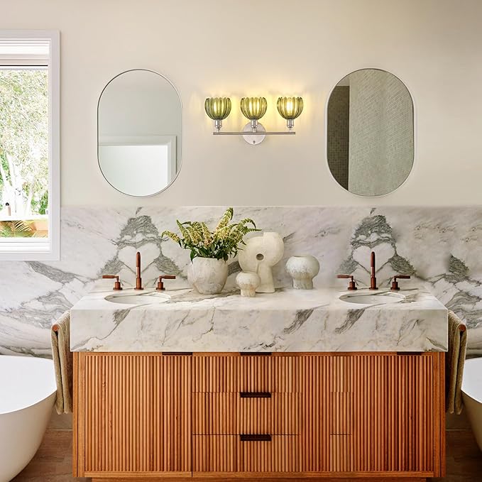 Shenmoyl Bathroom Light Fixtures, 3-Light Vanity Wall Light Over Mirror with Green Tulip Glass Shade for Bedroom Living Room (Bulb Not Included), Satin Nickel