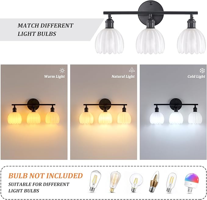 Shenmoyl Bathroom Light Fixtures, 3-Light Black Vanity Wall Light Over Mirror with White Tulip Glass Shade for Bedroom Living Room (Bulb Not Included)