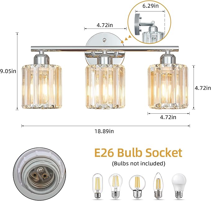 FDPBY Modern 3 Light Crystal Vanity Light, Chrome Vertical Bathroom Light Fixture Over Mirror for Dressing Table Sink, Compatible with Dimmable Bulbs (Bulbs Not Included)