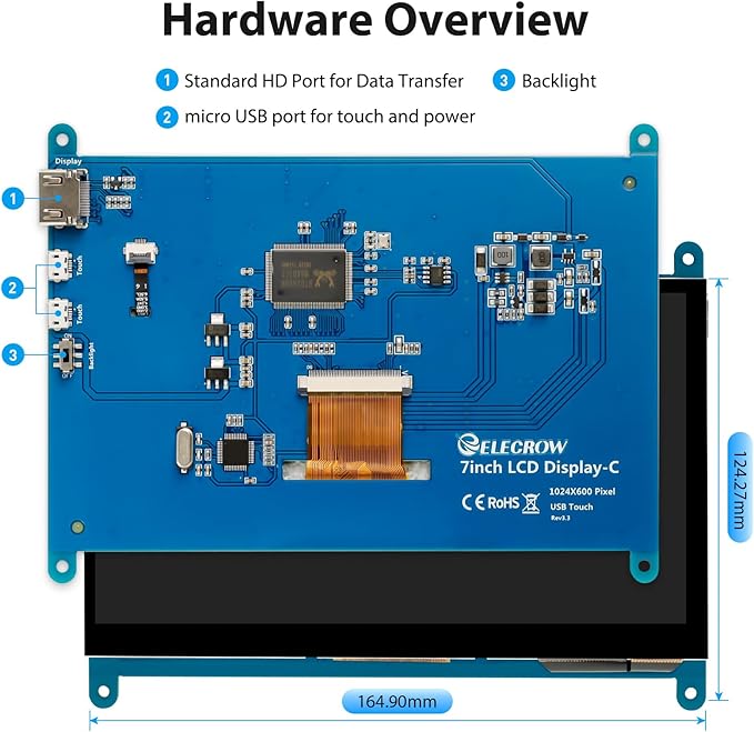 ELECROW 7 Inch 1024×600 Touchscreen for Raspberry Pi: IPS Capacitive Touch Screen LCD Display, Mini Portable Monitor Compatible with Raspberry Pi 5/4/3 BB Black Banana Pi Windows 11/10/8/7 Driver Free