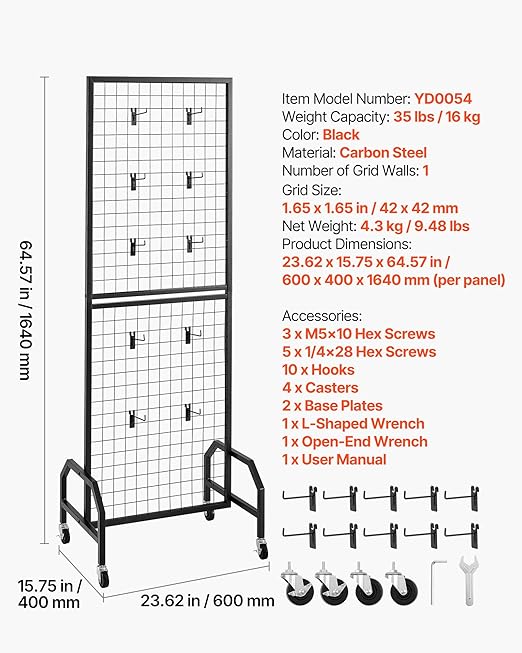 VEVOR Grid Wall Panel, 1.9 x 5.4 ft Wire Grid Panels Display Rack, Movable Art Display Shelf with Wheels and 10 Hooks, Black Carbon Steel Gridwall for Craft Show, Decoration, Storage, Notice Board