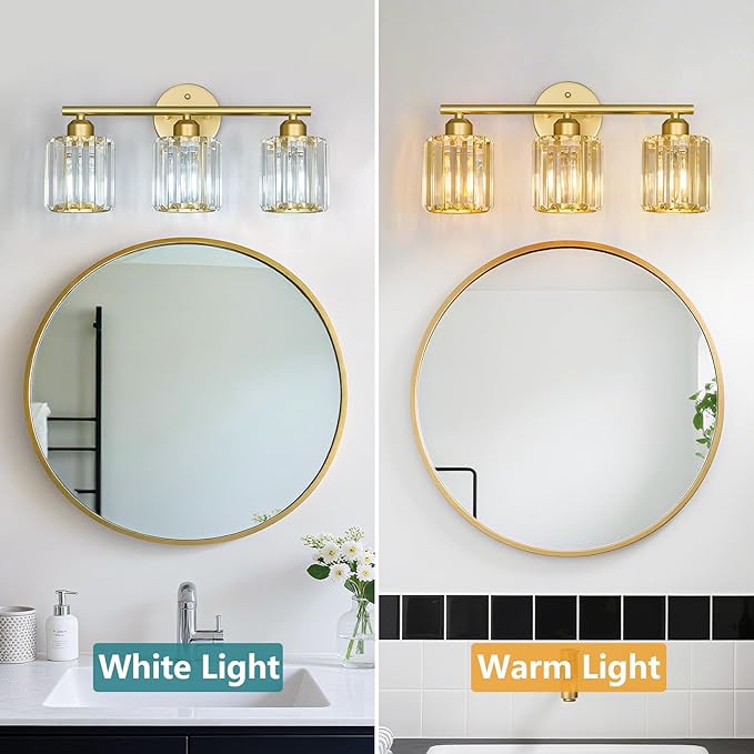 FDPBY Modern 3 Light Crystal Vanity Light, Gold Vertical Bathroom Light Fixture Over Mirror for Dressing Table Sink, Compatible with Dimmable Bulbs (Bulbs Not Included)