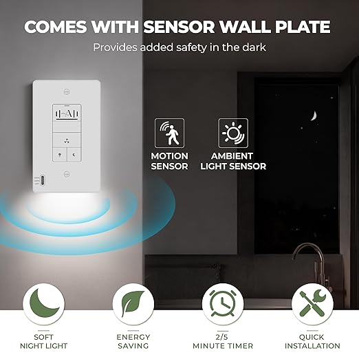 Akicon Humidity Sensor Switch with Motion-Activated Wall Plate, Bathroom Fan Timer Switch for Ventilation, Adjustable Humidity Settings, Fan and Light Control, ETL Listed, White
