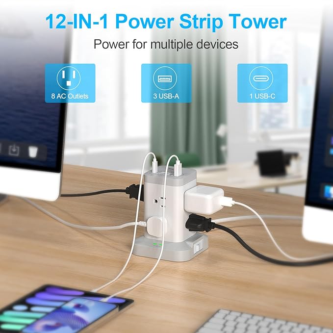 BEVA Surge Protector Tower with 8 AC & 4 USB(USB-C) Ports, 6.5 FT Extension Cord - Charging Station for Office & Dorm Room