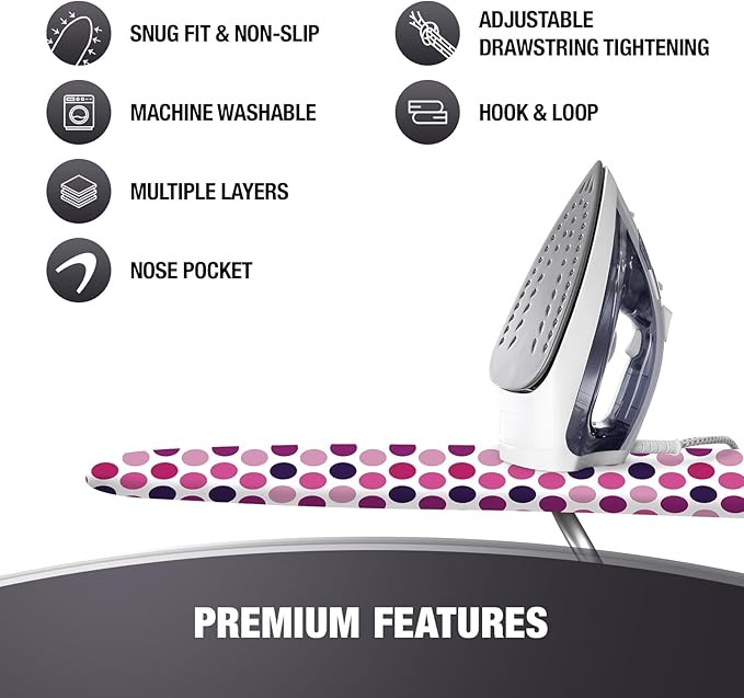 COTTY HOME Extra Thick Ironing Board Covers with Pad Standard Size 15x54, Snug Fit Adjustable Drawstring Tightening with Stopper, Heat Reflective Coating, Nose Pocket and Fastener Straps, Polka Dots