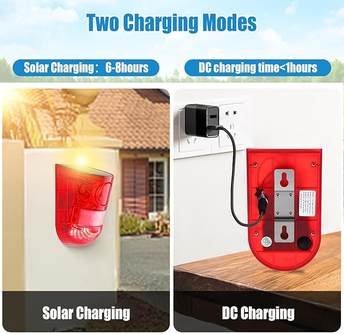 Qualirey 2 Pack Solar Sound and Light Alarm Motion Sensor 129db Outdoor Security Siren Waterproof Motion Activated Detector Alarm 6 LEDs Flash Warning Strobe System for Home, Farm (Red)