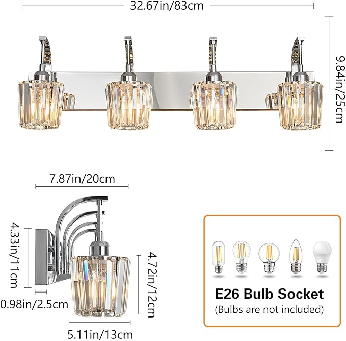 FDPBY Modern Bathroom Vanity Light, 4-Light Chrome Wall Sconce with Crystal Accents, Over Mirror Bathroom Lighting Fixture, 32.67" Long Dimmable Vanity Lamp for Makeup, Easy Installation